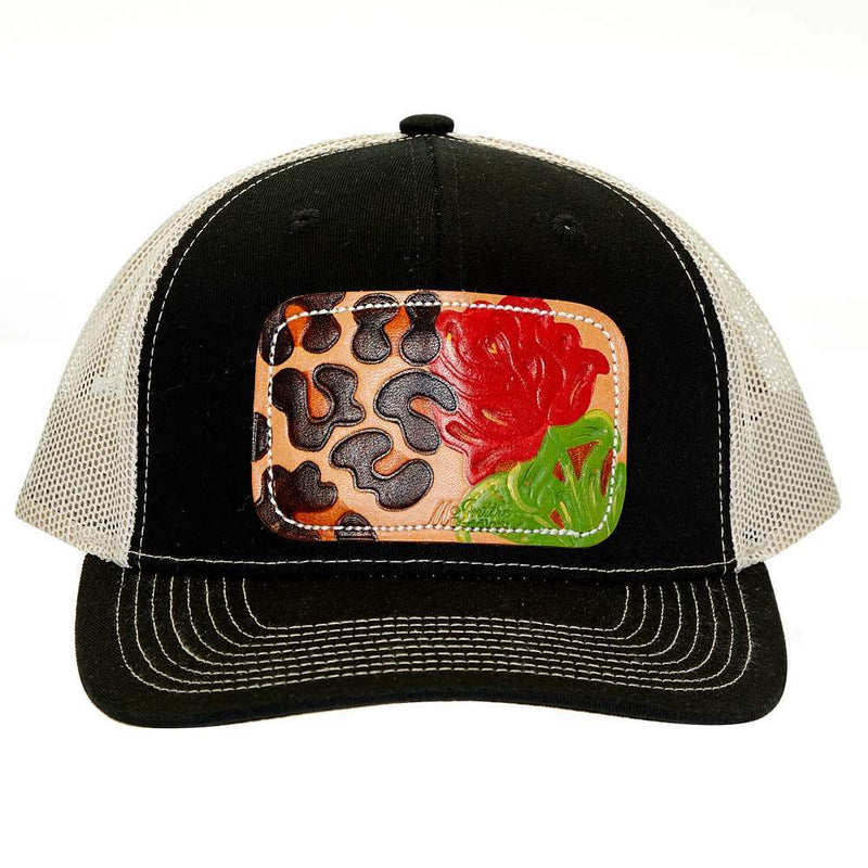 Mcintire Saddlery Black and Tan Leopard Rose Leather Patch Cap