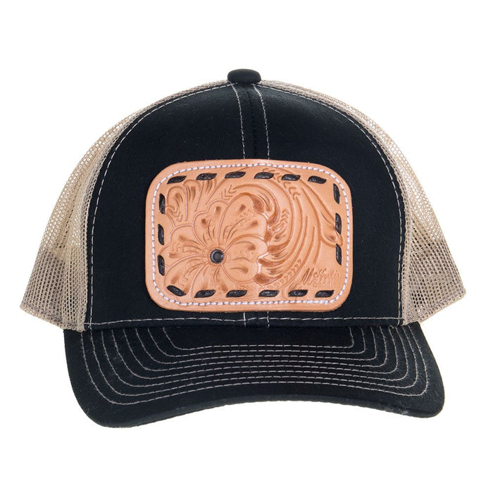 Mcintire Saddlery Black and Tan Natural Tooled Cap with Black Stitching