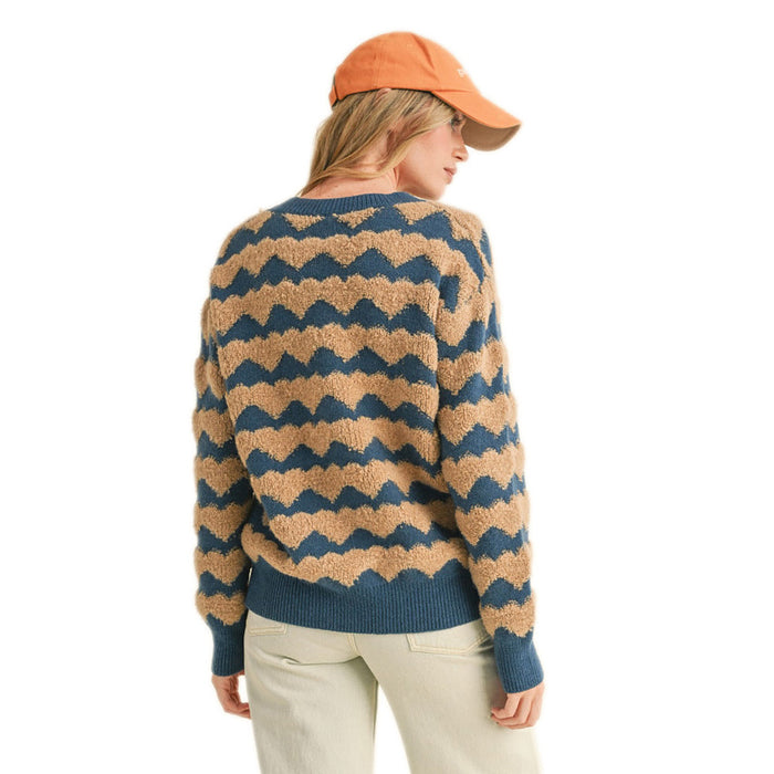 En Merci Teal & Camel Fuzzy Textured Heart Stripe Sweater