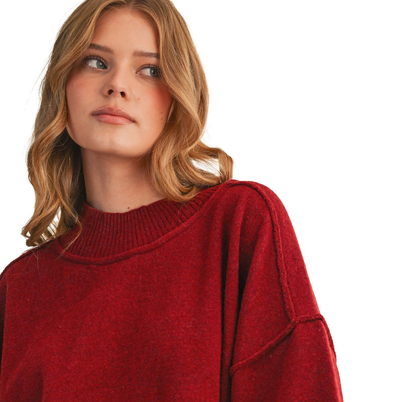 En Merci Wom Dark Wine Marled Mock Neck Top
