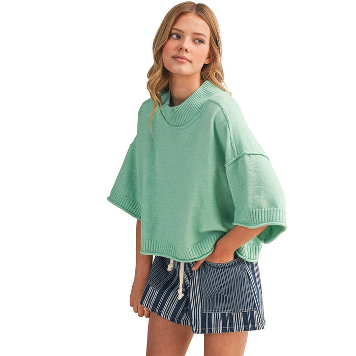 En Merci Wom Mint Green Marled Mock Neck Short Sleeve Sweater
