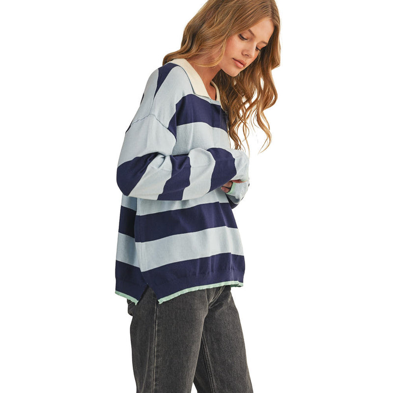 En Merci Wom Blue Navy Striped Rugby Sweater