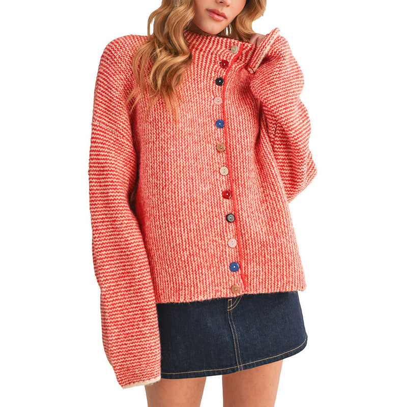 En Merci Wom Ivory Red Colorful Buttons Cardigan