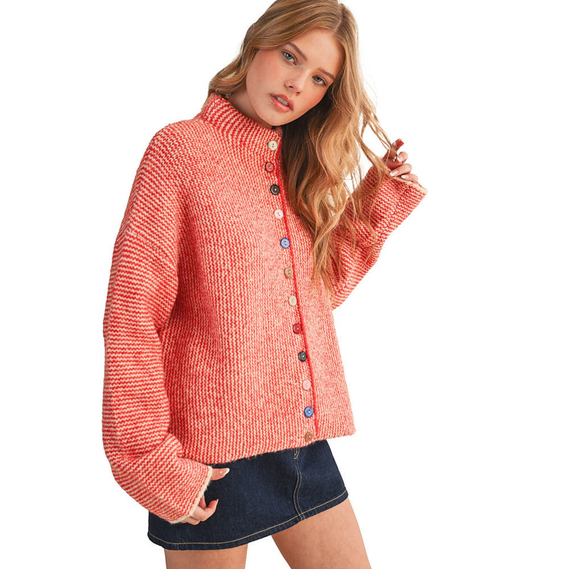 En Merci Wom Ivory Red Colorful Buttons Cardigan
