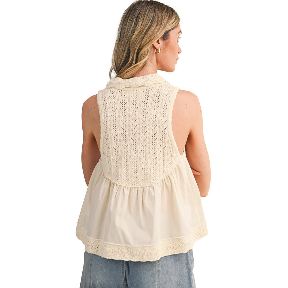 En Merci Wom Oat Milk Mixed Media Sleeveless Sweater Top