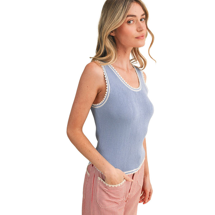 En Merci Wom Cashmere Blue Picot Trim Tank