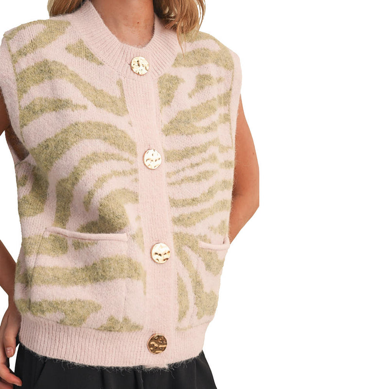 En Merci Wom Pink Sage Tiger Stripe Sweater Vest
