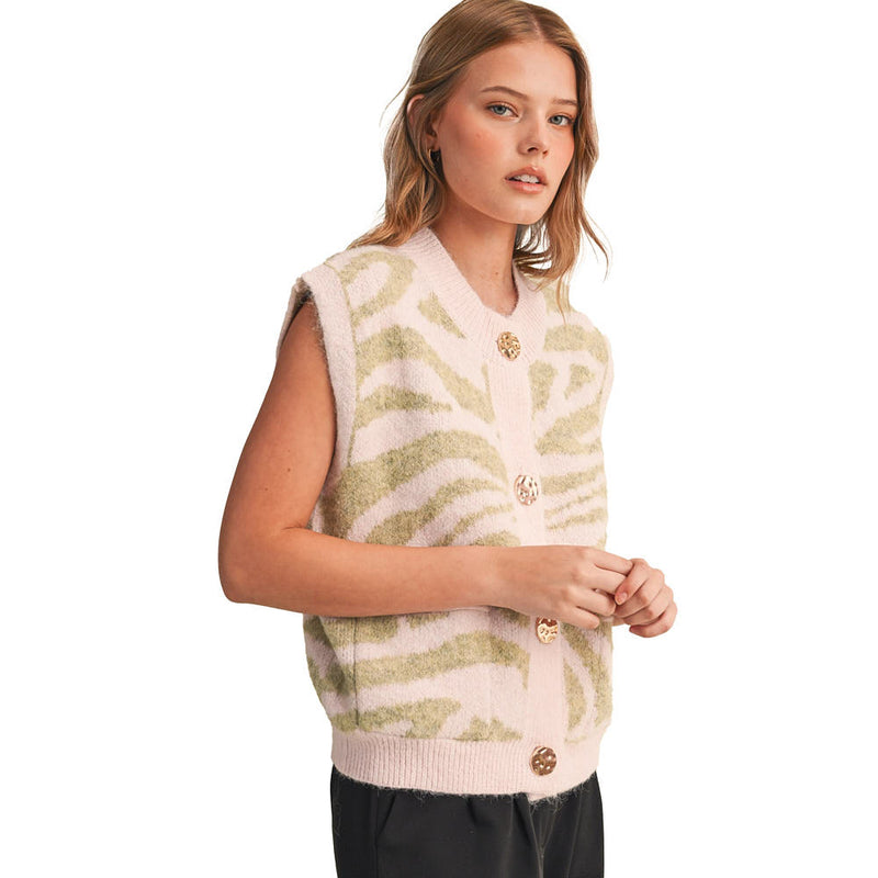 En Merci Wom Pink Sage Tiger Stripe Sweater Vest