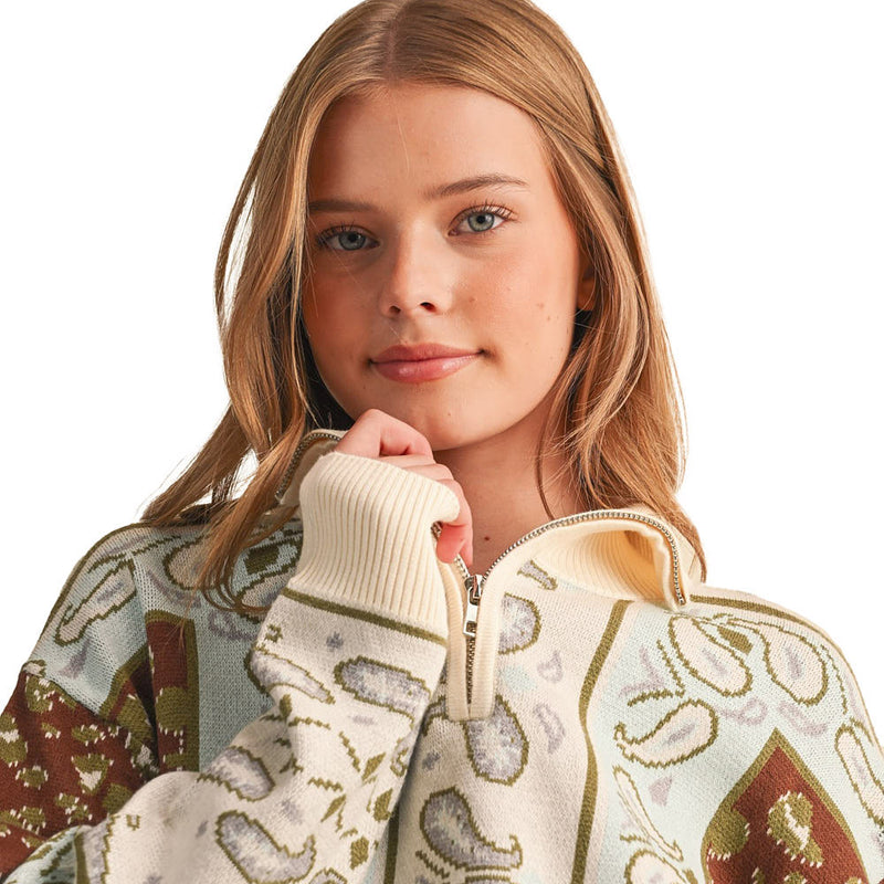 En Merci Women's Blue Brown Multi Paisley Pullover