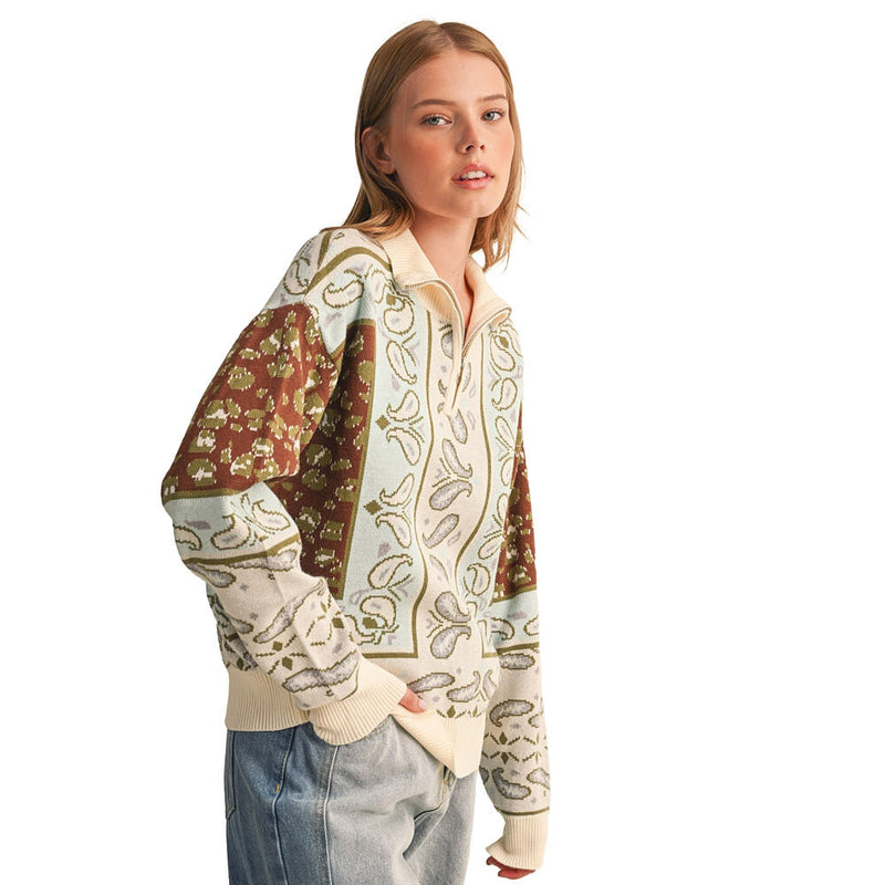 En Merci Women's Blue Brown Multi Paisley Pullover