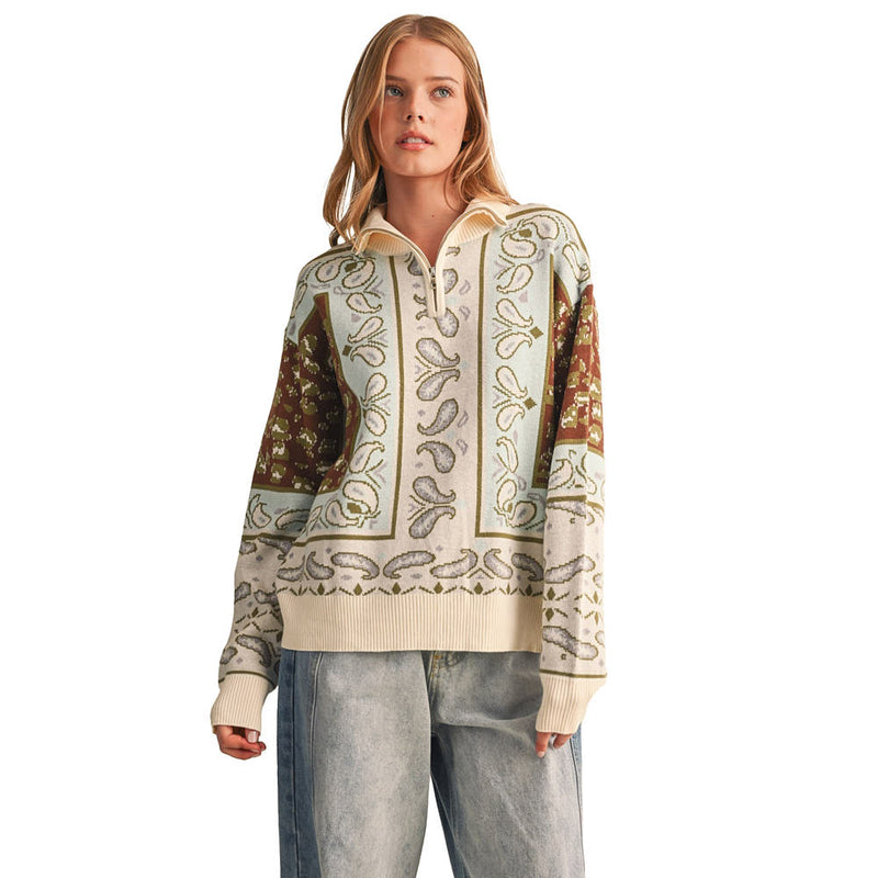 En Merci Women's Blue Brown Multi Paisley Pullover