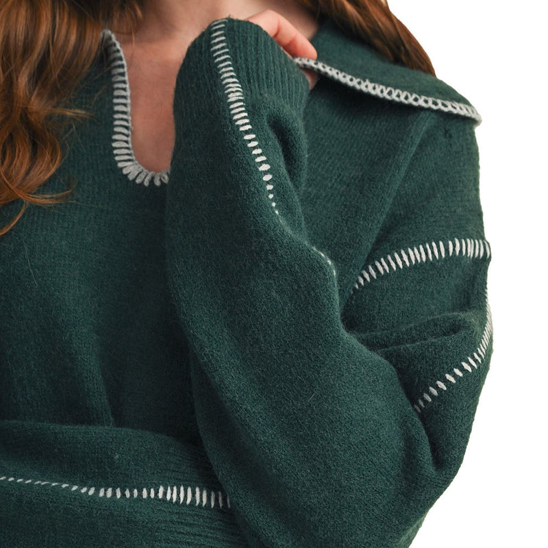 En Merci Women's Pine Blue Contrast Blanket Stitch Sweater
