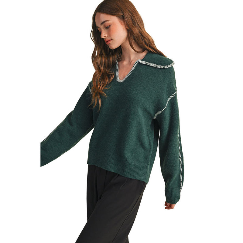 En Merci Women's Pine Blue Contrast Blanket Stitch Sweater