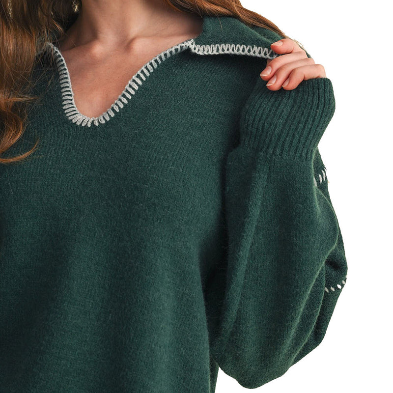 En Merci Women's Pine Blue Contrast Blanket Stitch Sweater