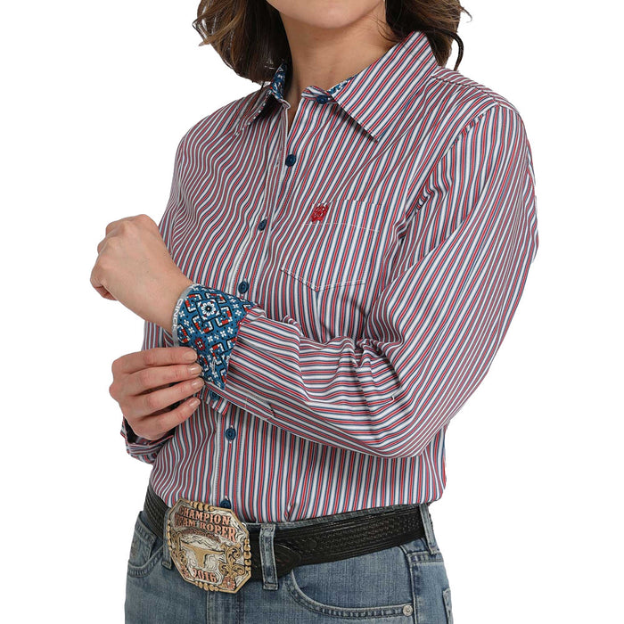 Cinch Women's Red and Blue Stripe Tencel Button Shirt