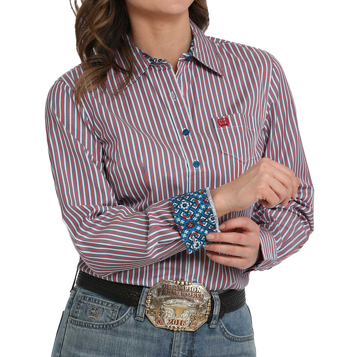 Cinch Women's Red and Blue Stripe Tencel Button Shirt