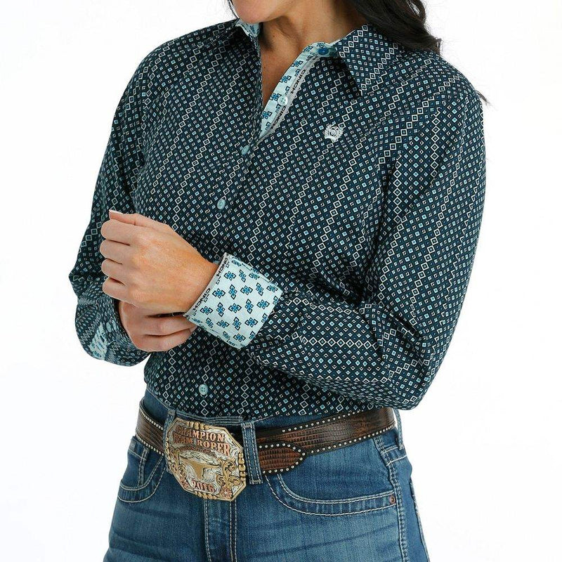Cinch Womens Blue Black Printed Stripe Button Down