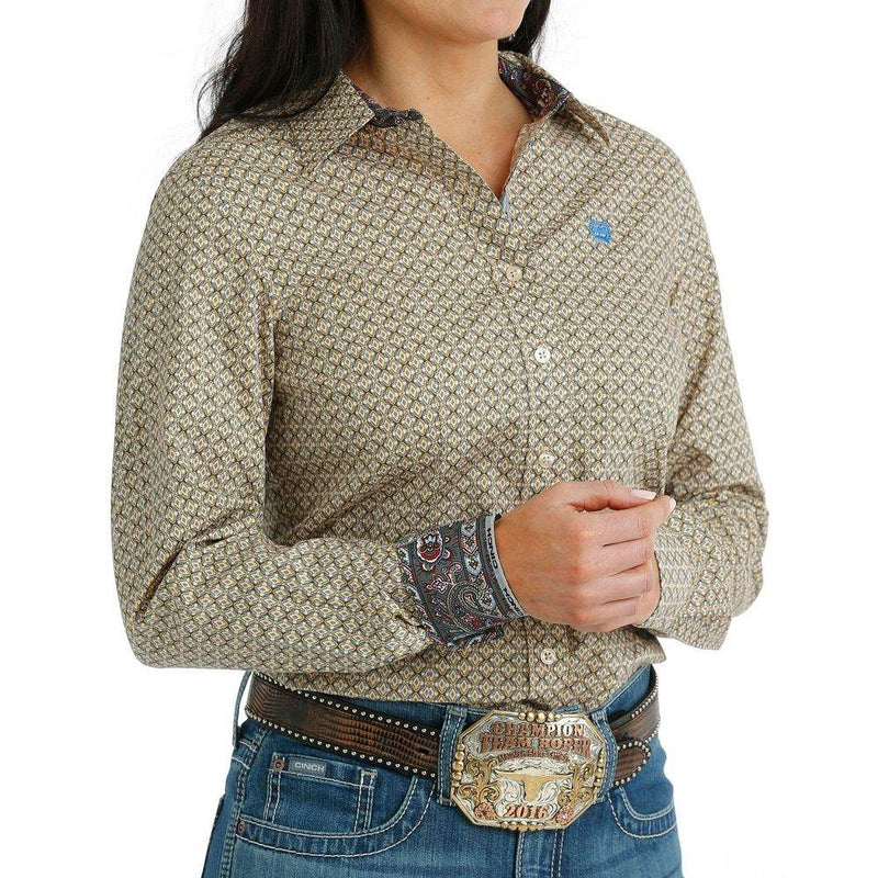 Cinch Womens Blue Yellow Long Sleeve Button Down