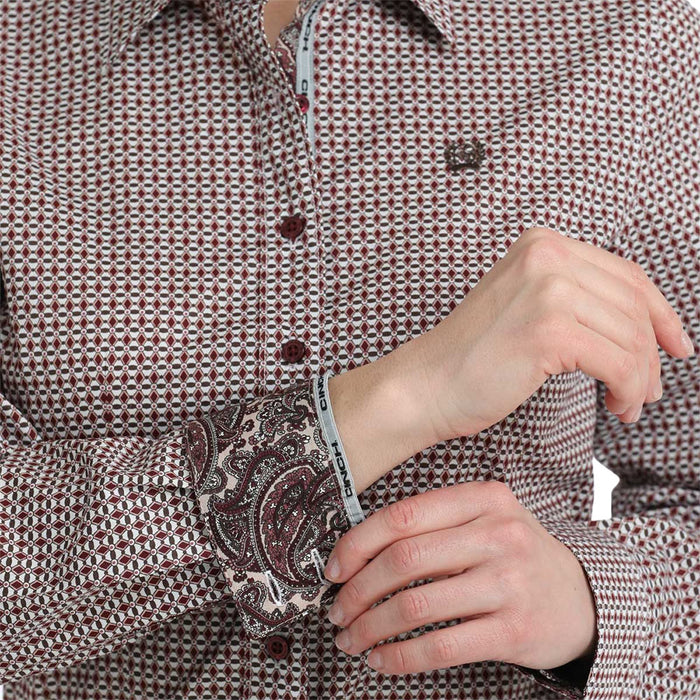Cinch Women's White & Burgundy Diamond Print Shirt