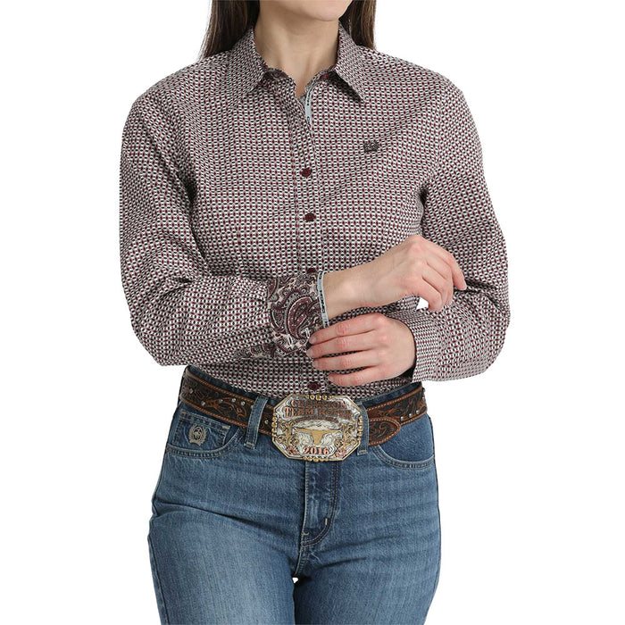 Cinch Women's White & Burgundy Diamond Print Shirt