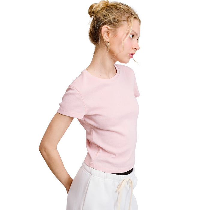 Mimosa Women's Baby Pink Solid Knit Short Sleeve Tee Shirt