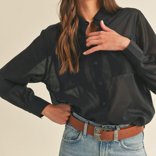 En Merci Wom Black Sheer Collared Button Top