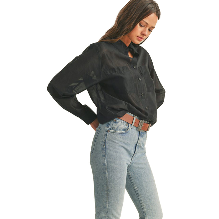 En Merci Wom Black Sheer Collared Button Top