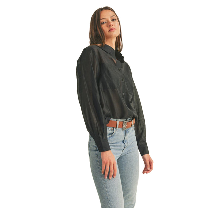 En Merci Wom Black Sheer Collared Button Top