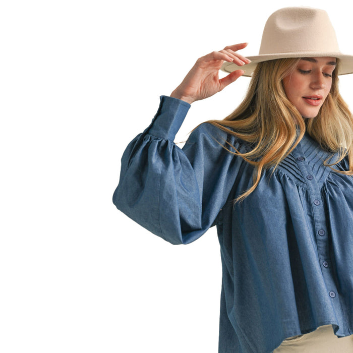 En Merci Wom Blue Denim Bat Wing Sleeve Top