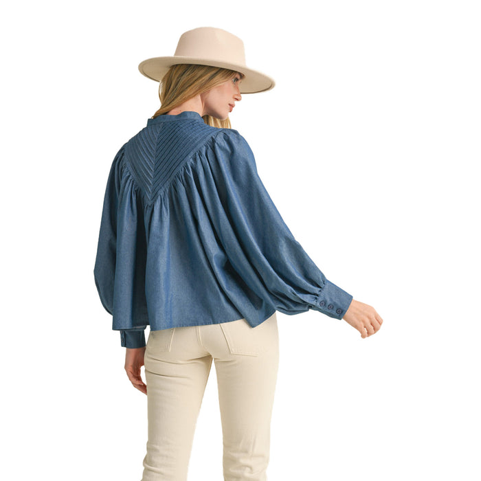 En Merci Wom Blue Denim Bat Wing Sleeve Top
