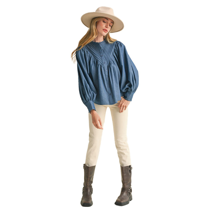 En Merci Wom Blue Denim Bat Wing Sleeve Top