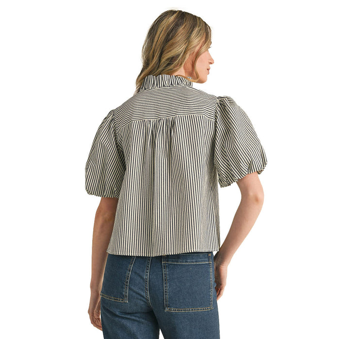 En Merci En Wom Denim Blue Stripe Ruffle Top
