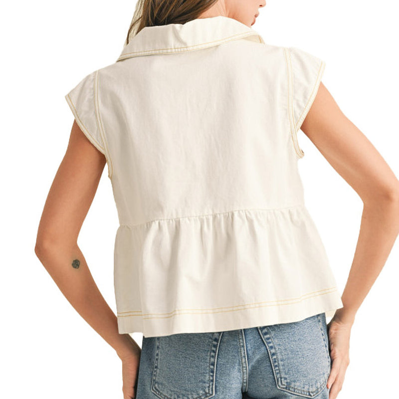 En Merci Wom Snow Denim Collared Tie Front Top