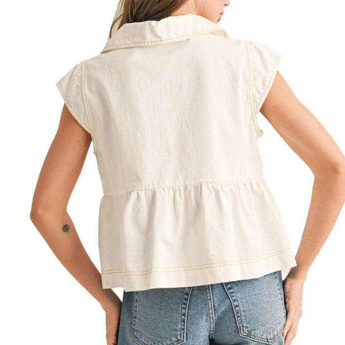 En Merci Wom Snow Denim Collared Tie Front Top