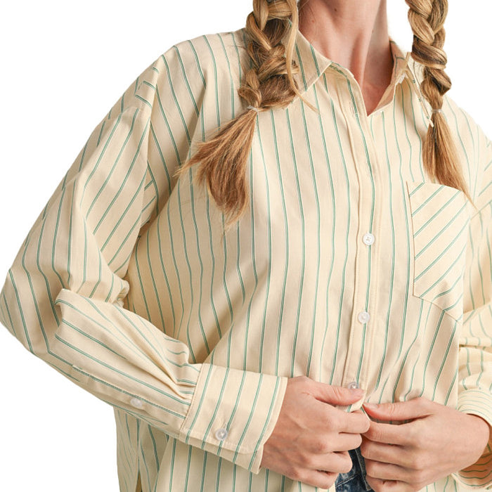 En Merci Wom Cream & Green Stripe Button Shirt
