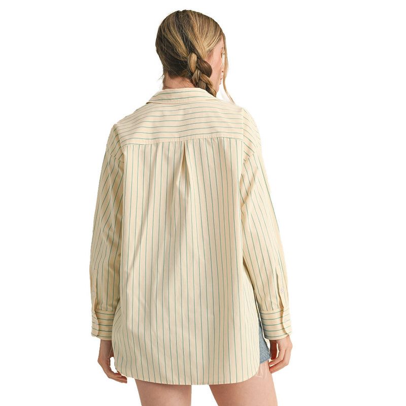 En Merci Wom Cream & Green Stripe Button Shirt