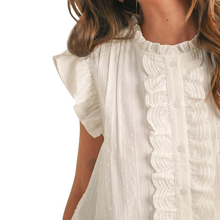 En Merci Wom Ruffle Button White Top
