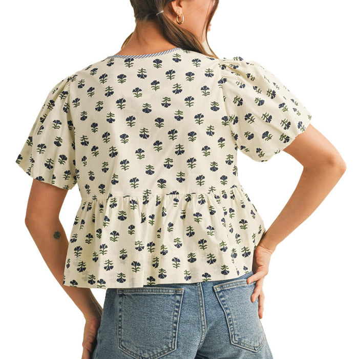 En Merci Wom Ivory Floral Tie Front Top