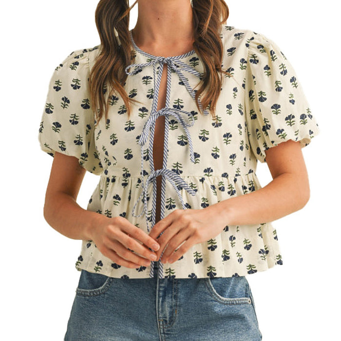 En Merci Wom Ivory Floral Tie Front Top