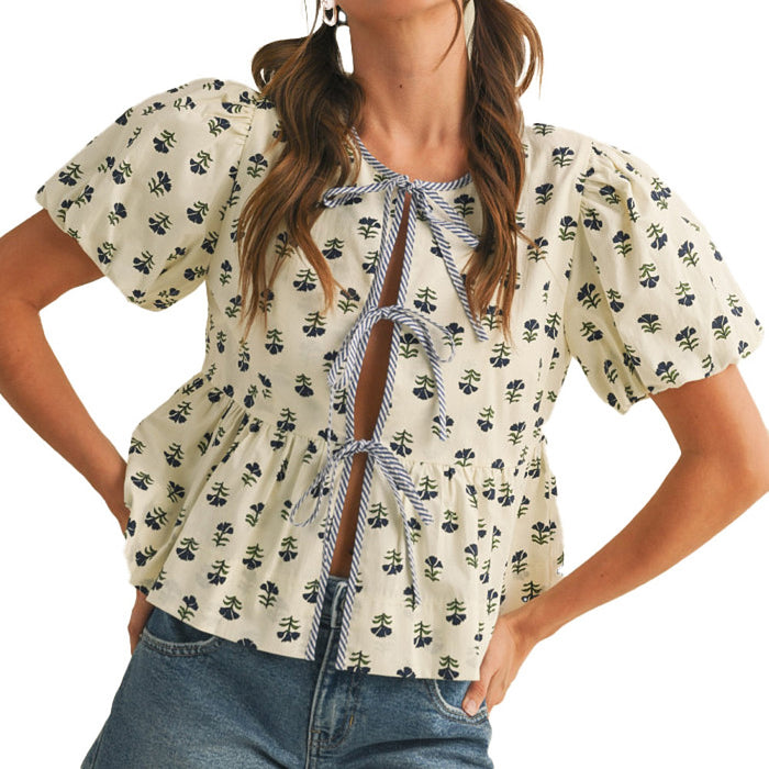 En Merci Wom Ivory Floral Tie Front Top
