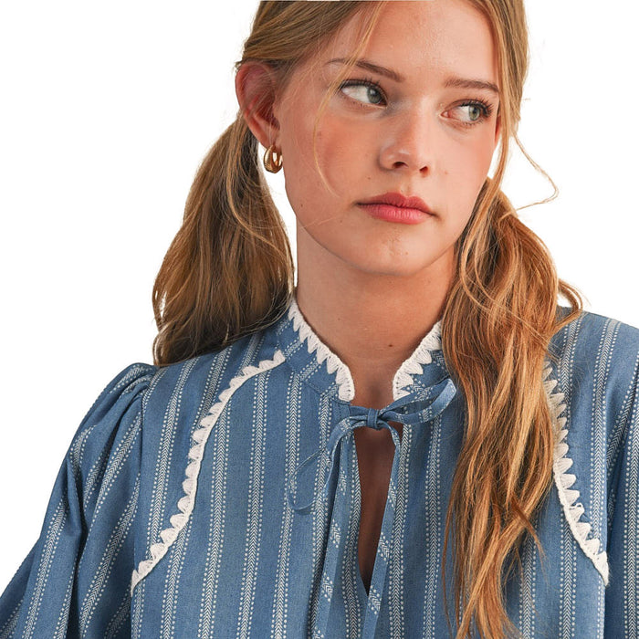 En Merci Wom Striped Puff Sleeve Blue Top