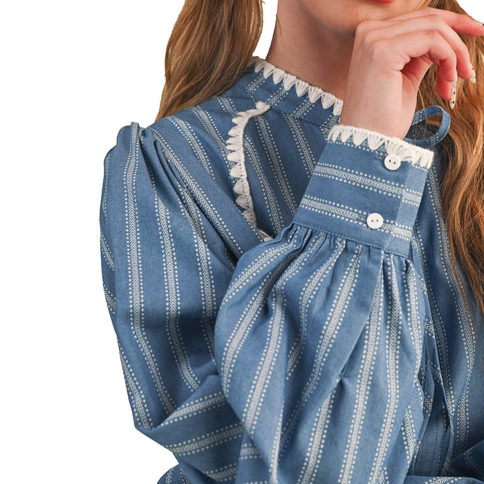 En Merci Wom Striped Puff Sleeve Blue Top