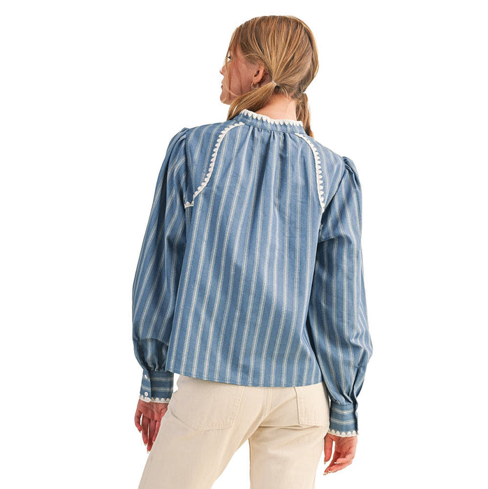 En Merci Wom Striped Puff Sleeve Blue Top