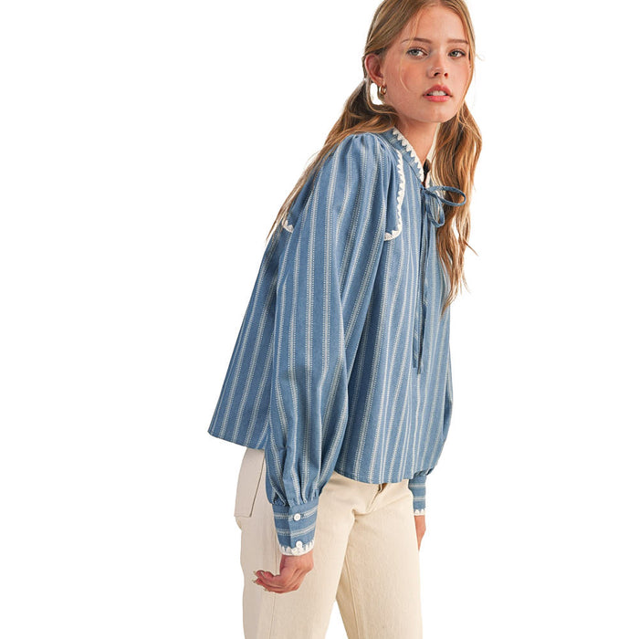 En Merci Wom Striped Puff Sleeve Blue Top