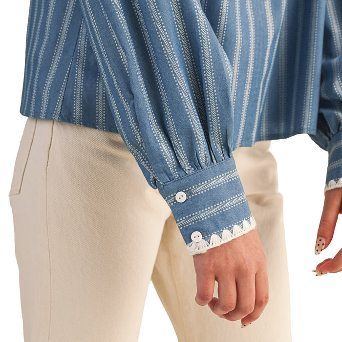 En Merci Wom Striped Puff Sleeve Blue Top