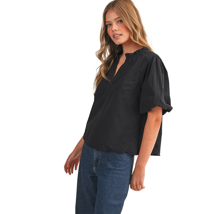 En Merci Wom Bubble Sleeve Black Top
