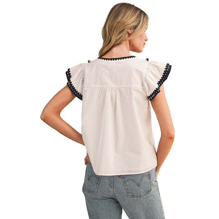 En Merci Wom Contrast Blanket Stitch Ruffle White Top