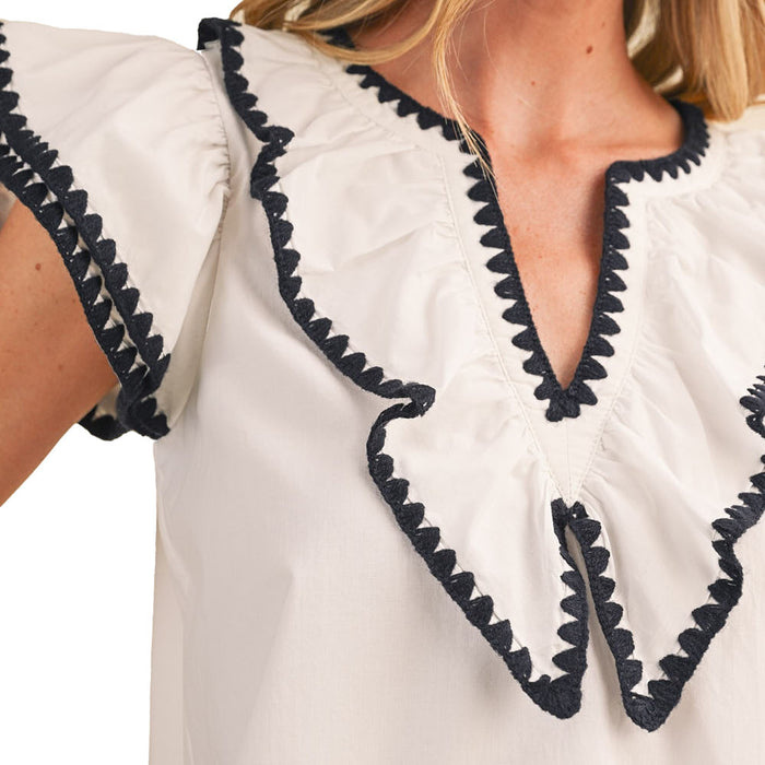 En Merci Wom Contrast Blanket Stitch Ruffle White Top