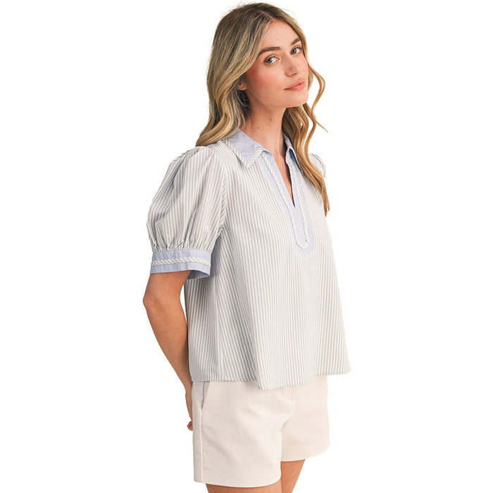 En Merci Wom Light Blue Striped Contrast Top