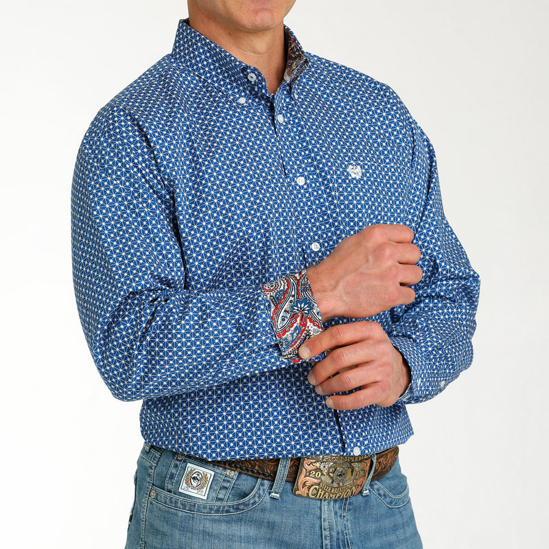 Cinch Men's Blue Printed Long Sleeve Button Down